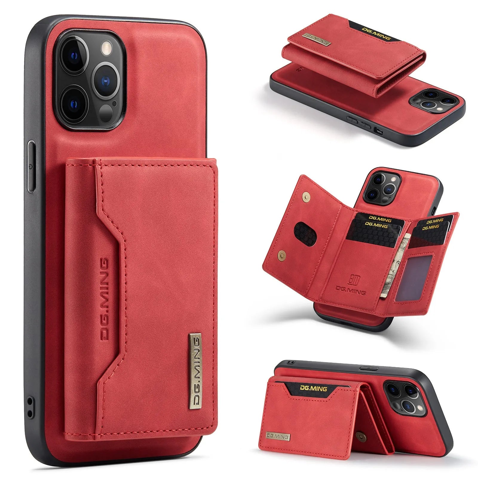 Magnetic multi function card holder phone case for iPhone in black, PU wallet style with split card slot