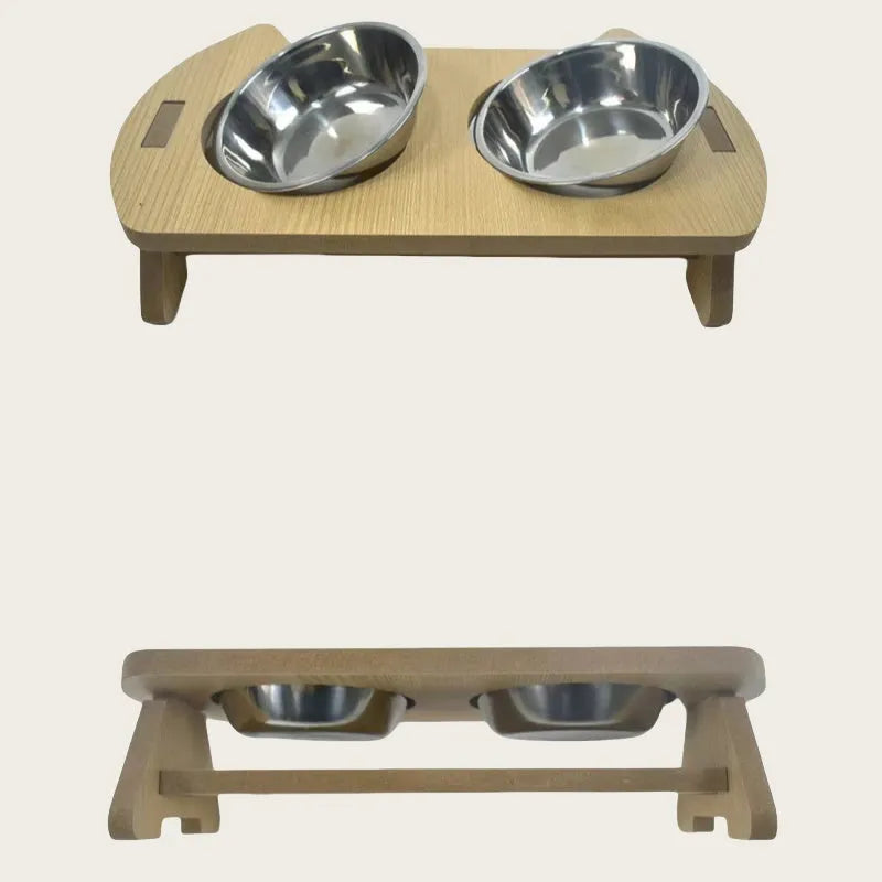 Wooden cat bowl feeder with two stainless steel inserts for food and water