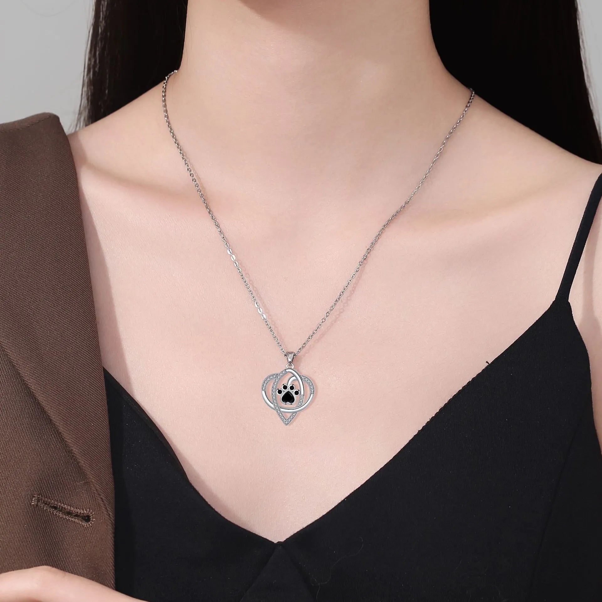 Copper pendant necklace with dog paw and cat footprints on cross chain for women