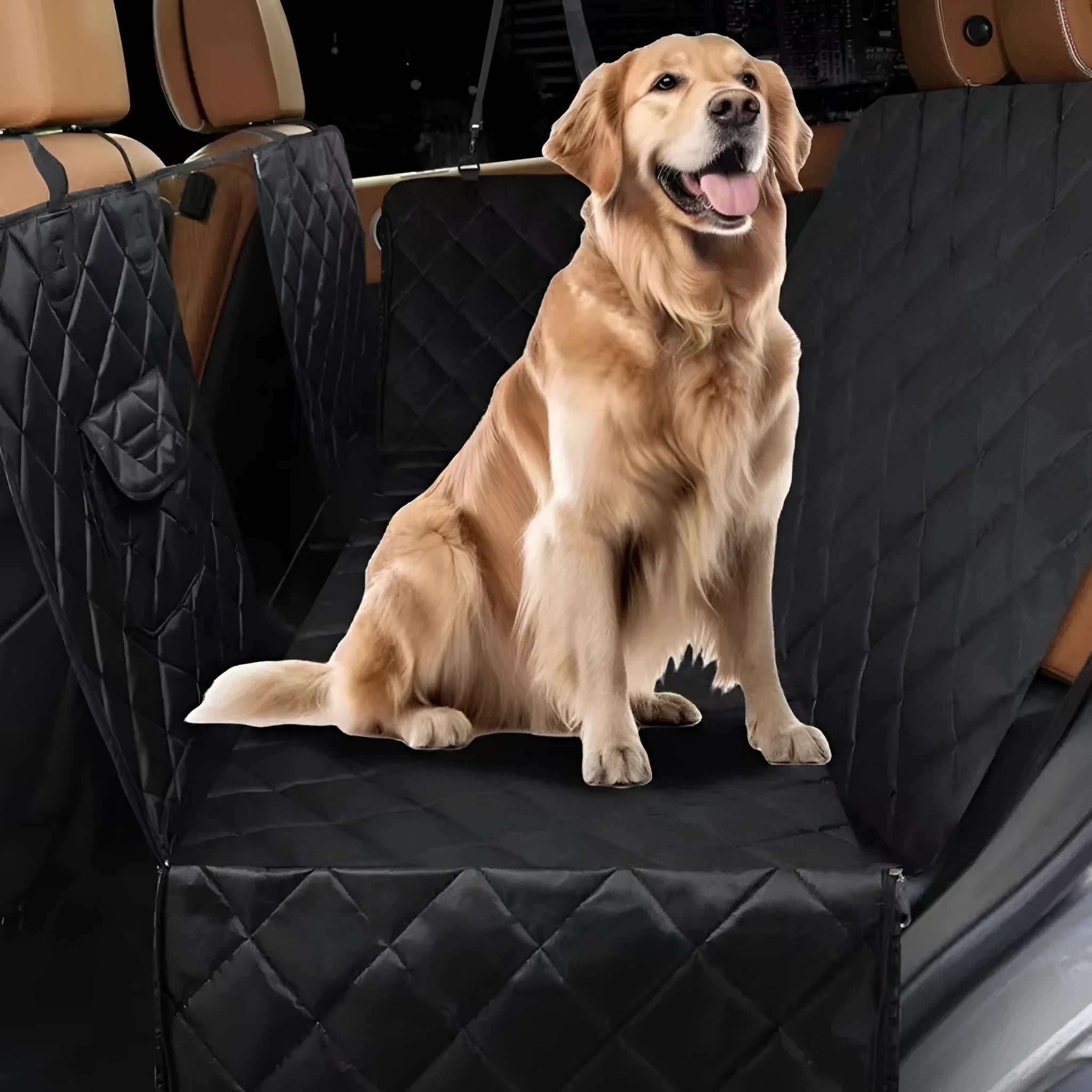 Cloth pet car mat for dogs on a vehicle seat, shown in black and grey colour options.