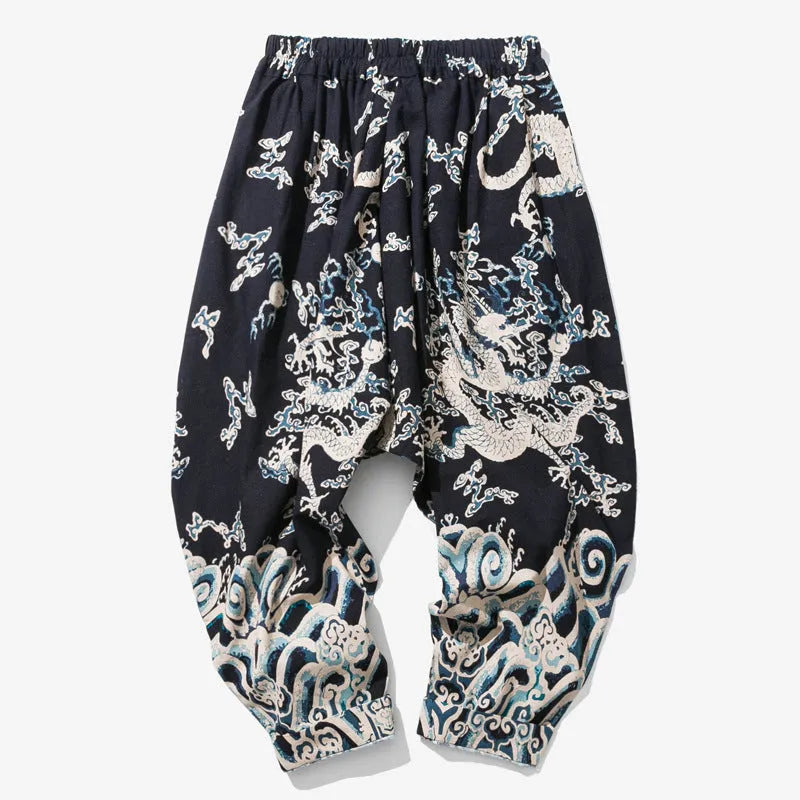 Men's dragon print harem pants with elastic waist and loose fit, available in multiple sizes