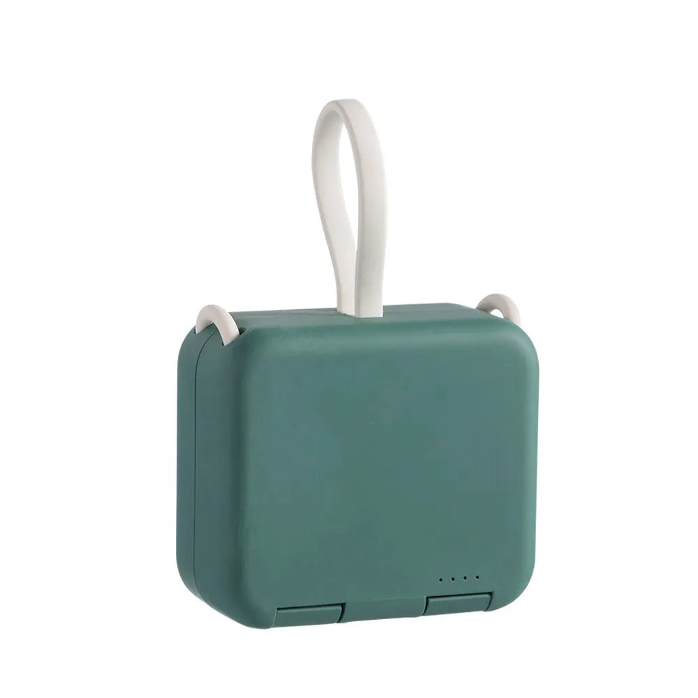 Handbag clip-on power bank in blue showing USB-A, Type-C and Lightning ports and built-in phone stand