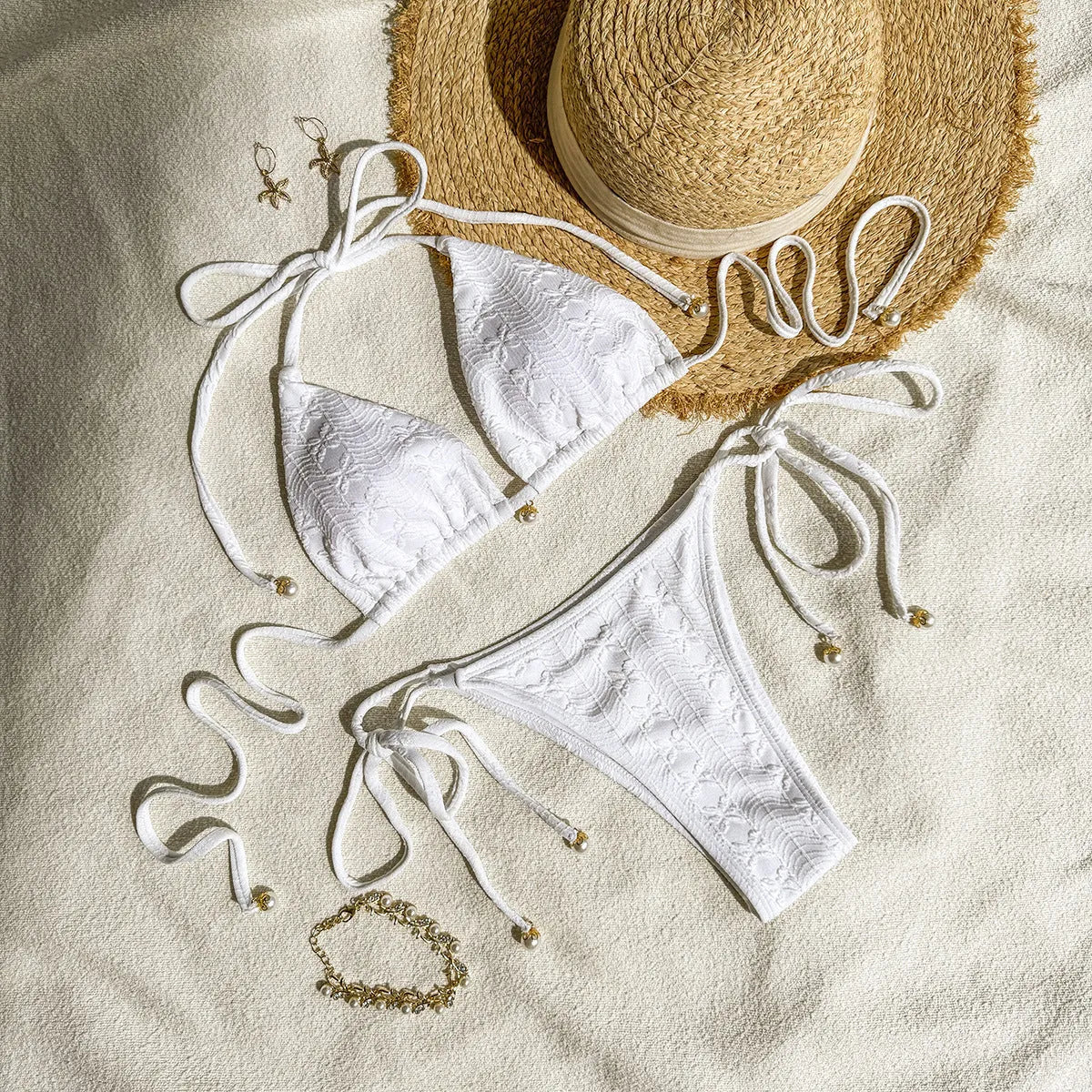 Women's halter lace-up bikini swimsuit in milky white, green, or white, briefs style.