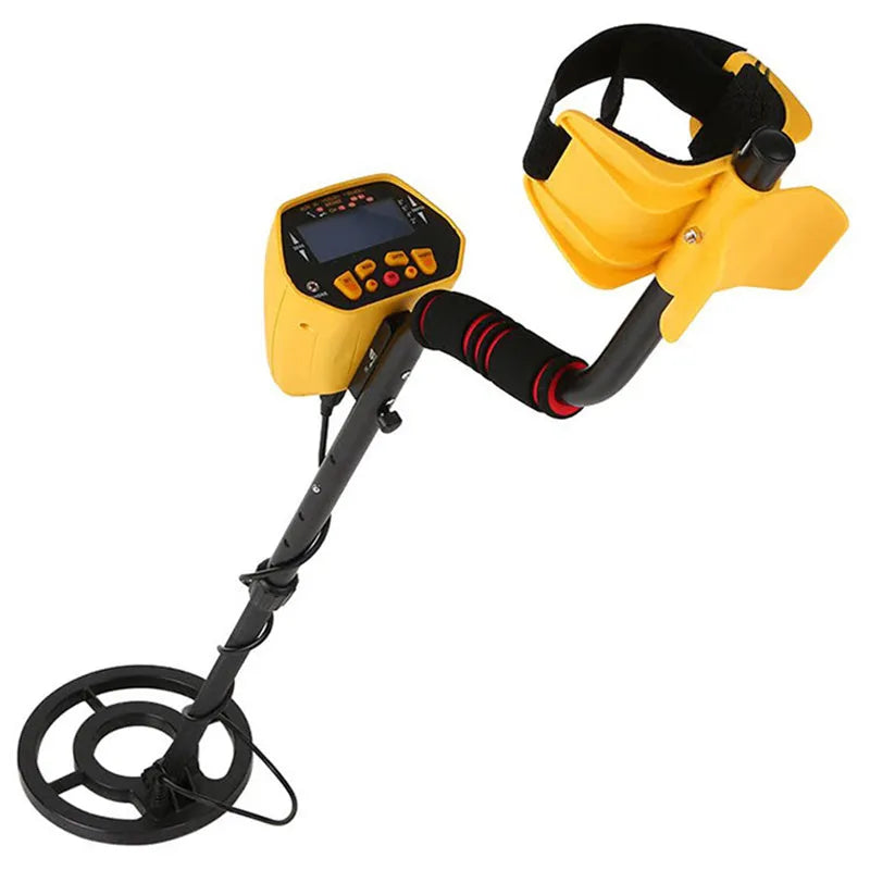 GC1028 black and yellow metal detector with LCD display and adjustable pole, showing waterproof search coil.