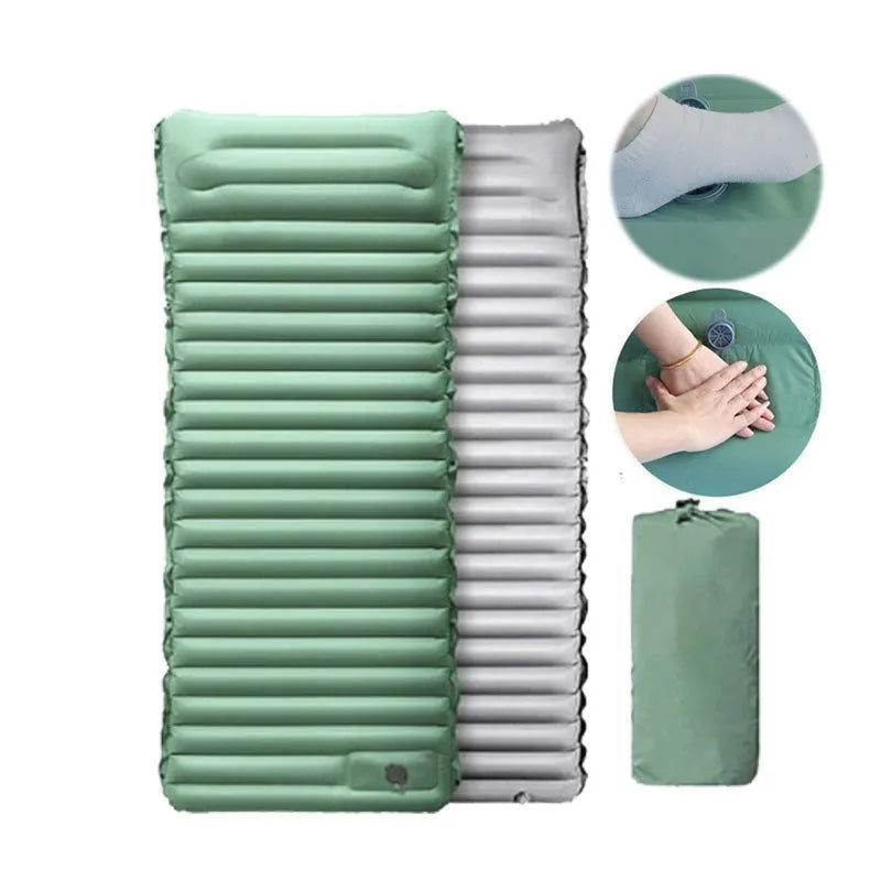 Single inflatable camping mattress in grey colour, shown expanded to its full size.