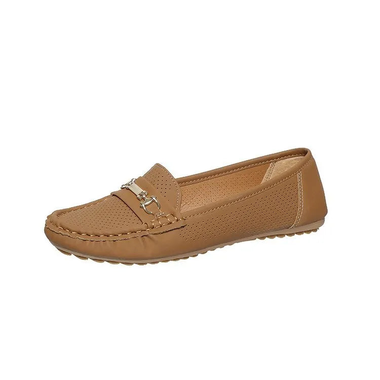 Women's flat casual shoes in artificial PU leather available in white, black, and khaki colours