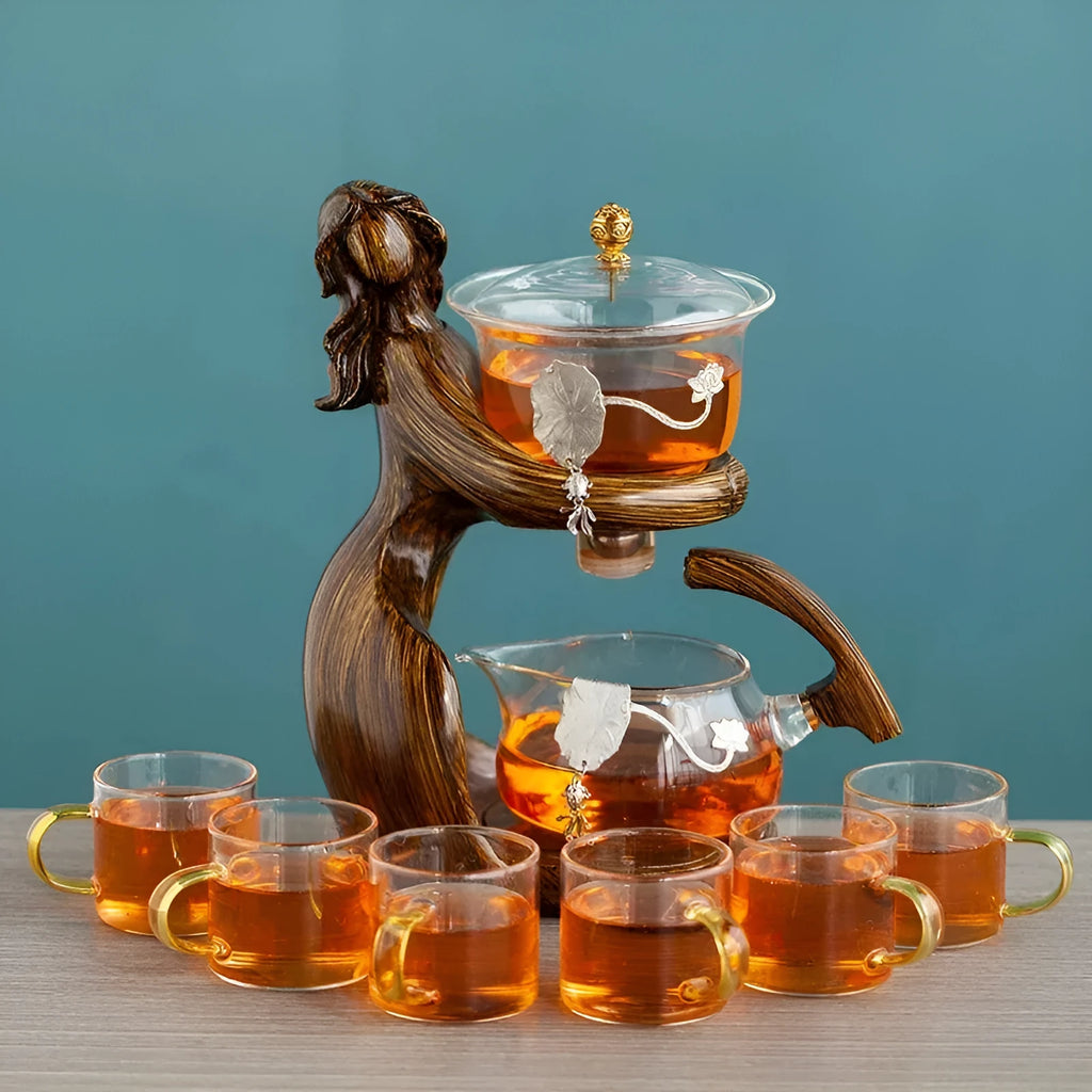 Maid semi-automatic borosilicate glass teapot set with stainless steel filter and Chinese-style woman sculpture frame