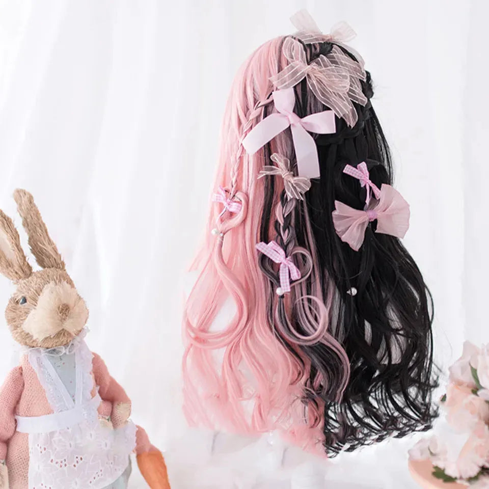 Harajuku Lolita long curly black and pink wig with bangs on a mannequin head