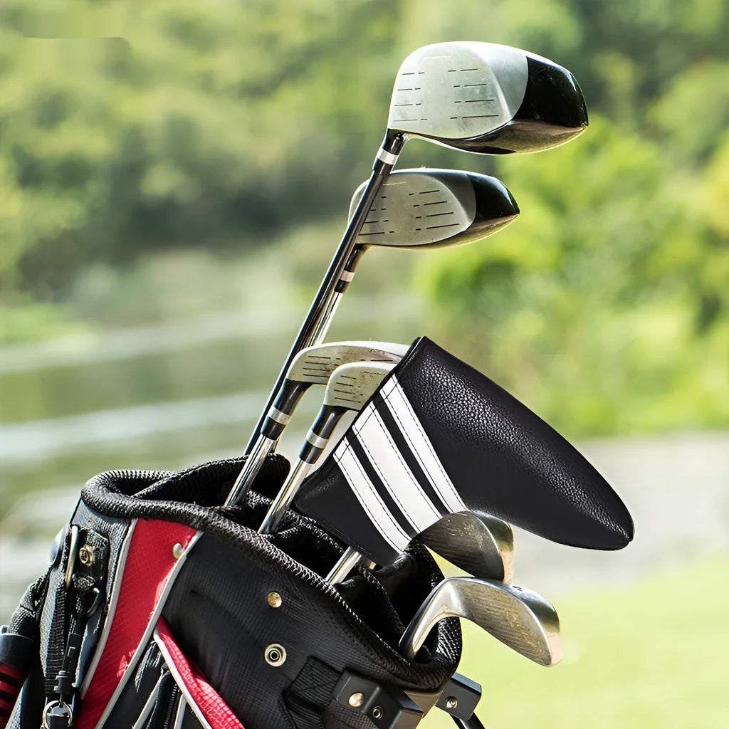 Black PU leather golf club head cover sleeve for protecting a push rod.