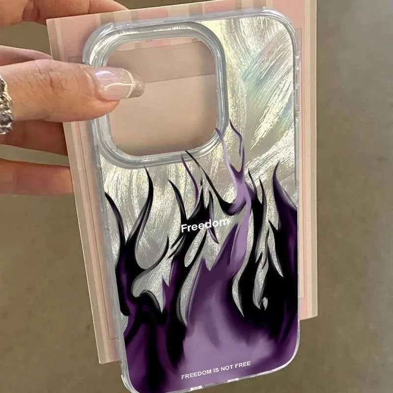 Silicone phone case for Apple iPhone with blue and red flame designs on a black background.