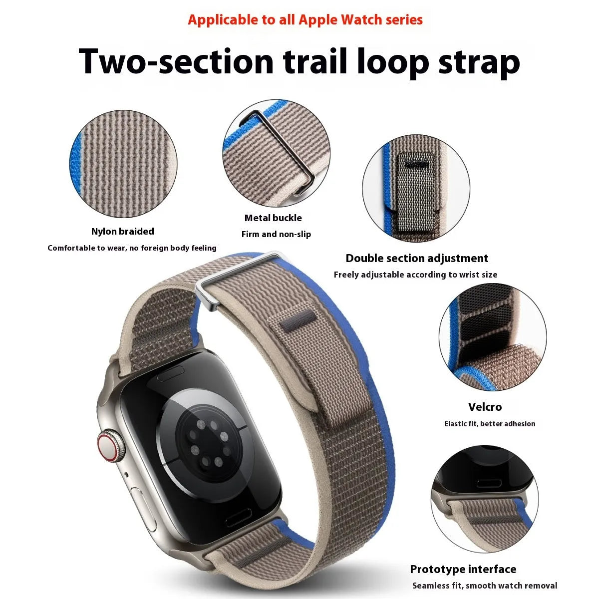Nylon trail loop watch strap for Apple Watch in black and gray with two-section modified design