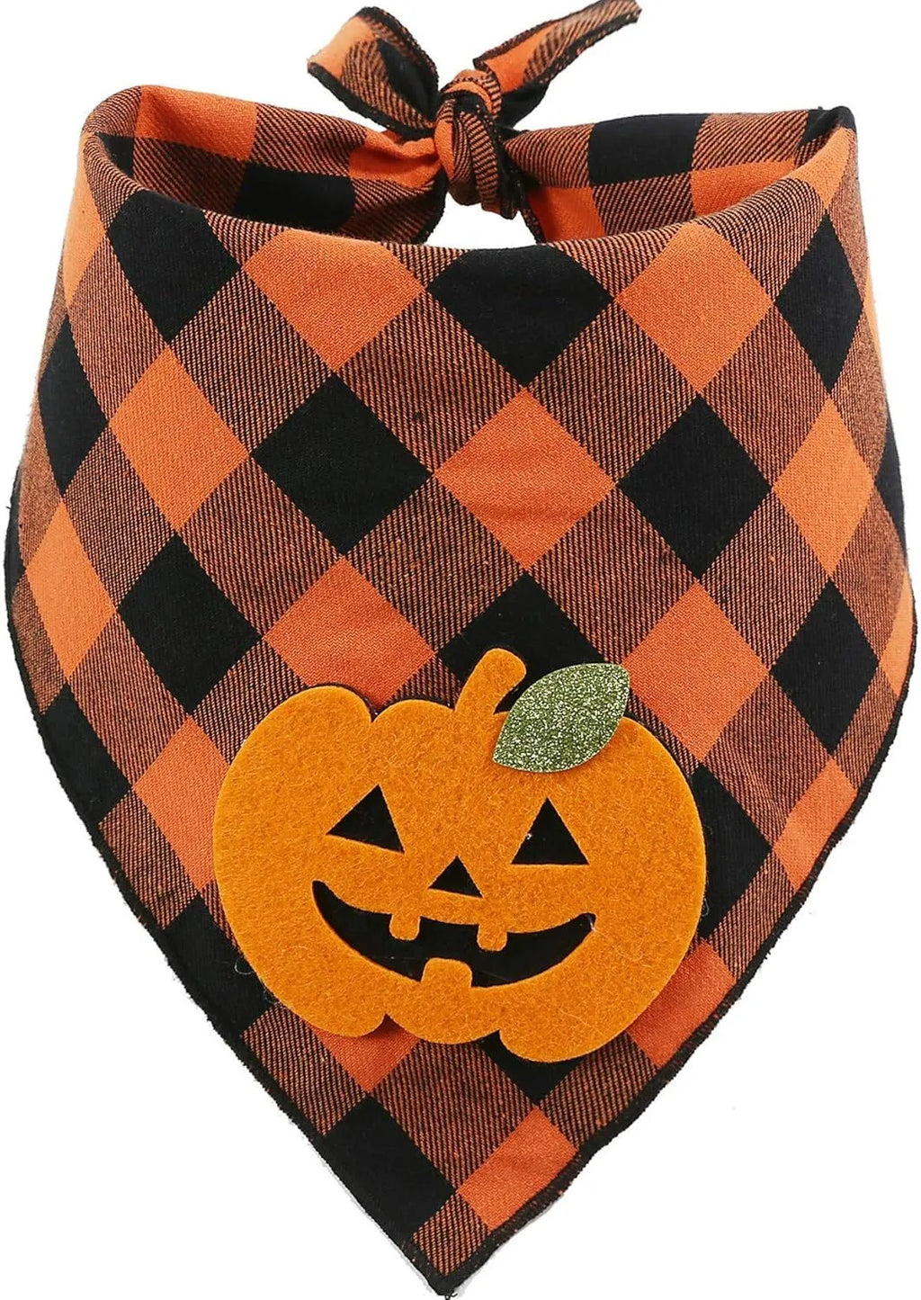 Orange Halloween dog bandana with pumpkin appliques and skeleton print on plaid fabric