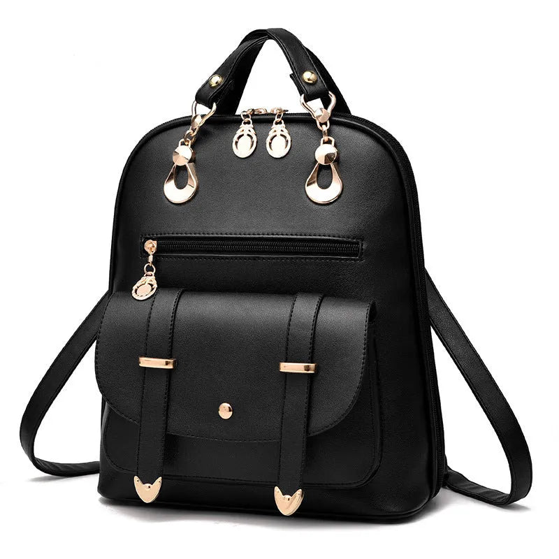 Women's PU leather dual-use backpack in black, flat lay view showing front and strap