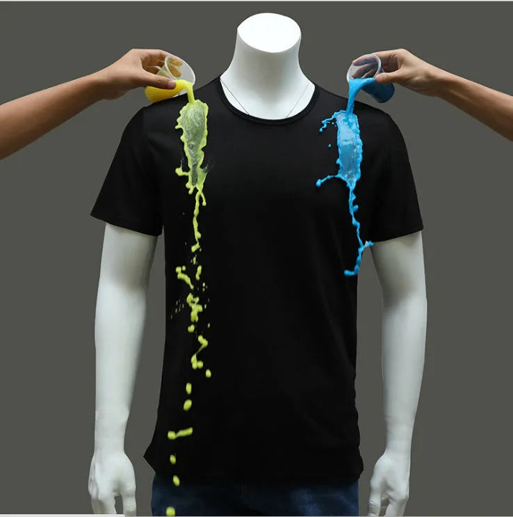 Plain round neck short sleeve quick-dry waterproof anti-fouling T-shirt in white, black, blue; 95% acetate blend loose fit