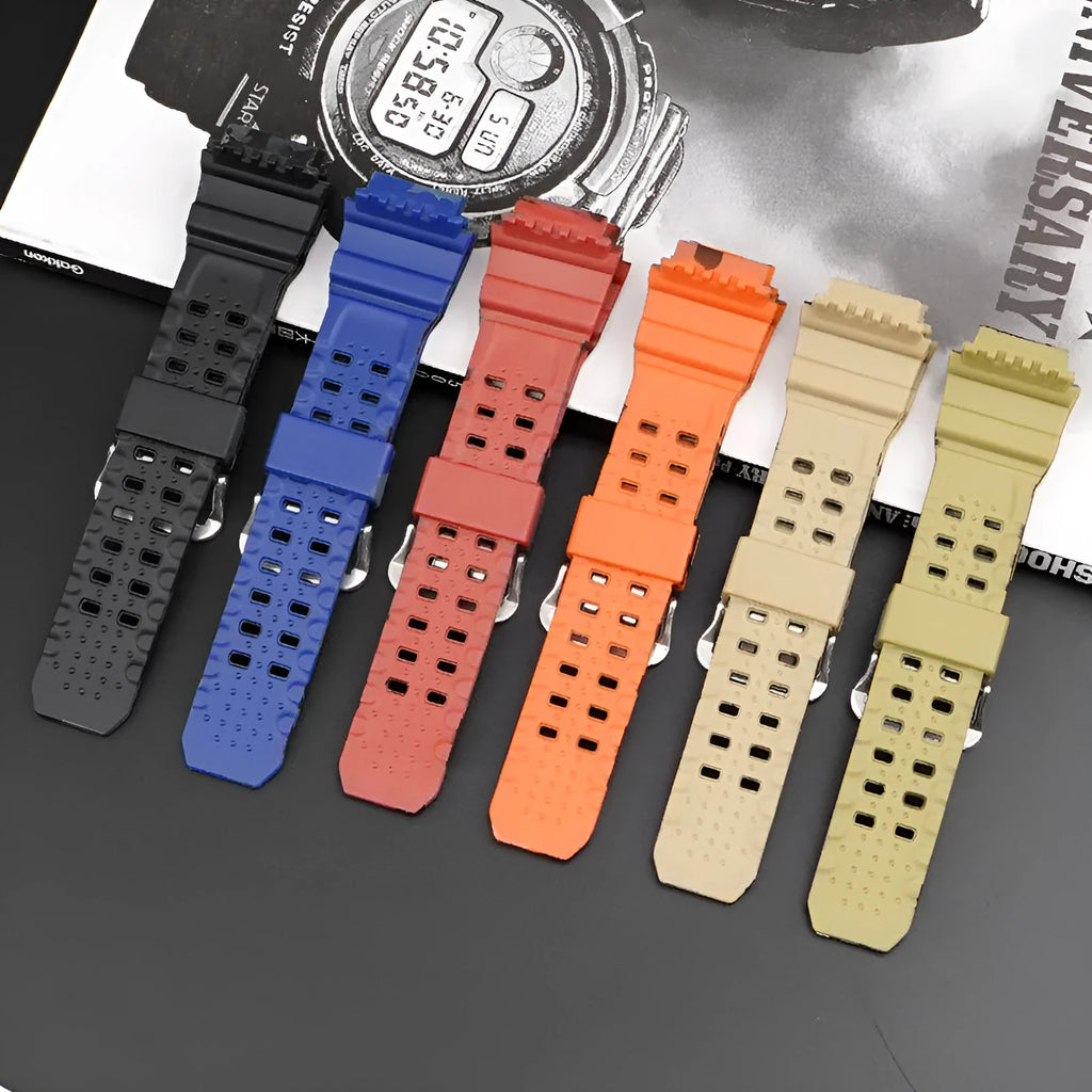 Camouflage pattern TPU watch strap with silver buckle on a grey background.