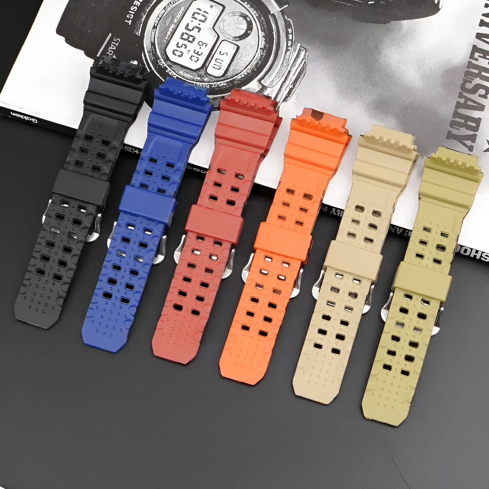 Camouflage pattern TPU watch strap with silver buckle on a grey background.