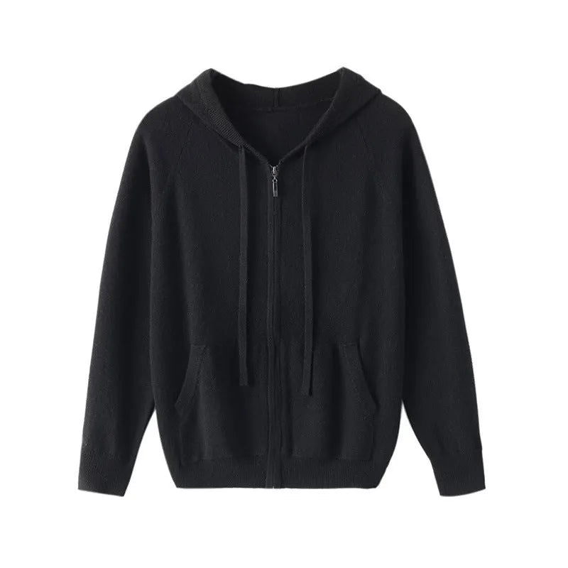 Men's solid colour cashmere hooded cardigan with a full zipper front and long sleeves.