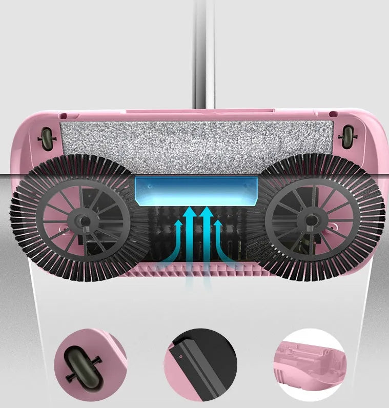 Pink hand push sweeper all-in-one broom dustpan mop with 360-degree brush on tile floor