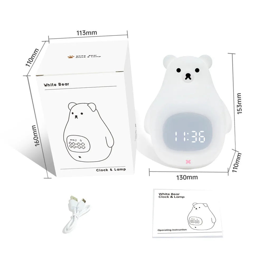 Big White Bear shaped silicone night light with remote control on a bedside table.