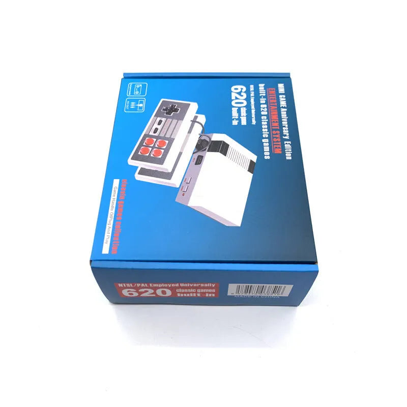 Compact black retro NES game console with two classic controllers on a white background.