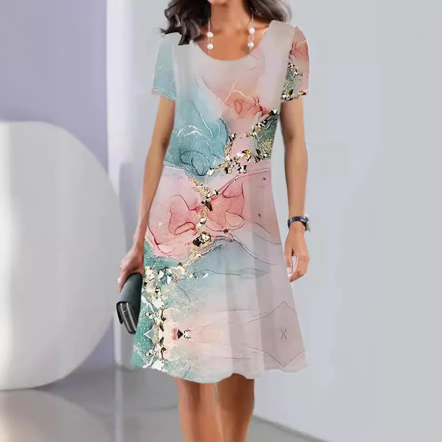 Women's ice silk A-line dress with short sleeves and printed floral pattern, shown in mid-length.