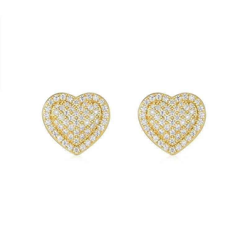 Pair of golden heart-shaped moissanite stud earrings on S925 sterling silver posts