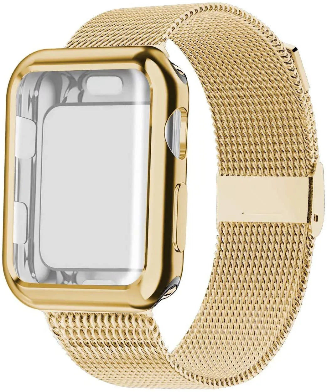 Magnetic Milanese loop metal strap for Apple Watch in silver, shown attached to a watch.