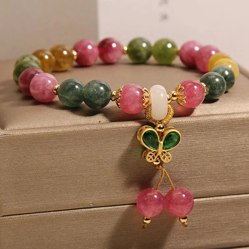 Women's tourmaline butterfly pendant bracelet with natural jade colour stones and rhinestone accents