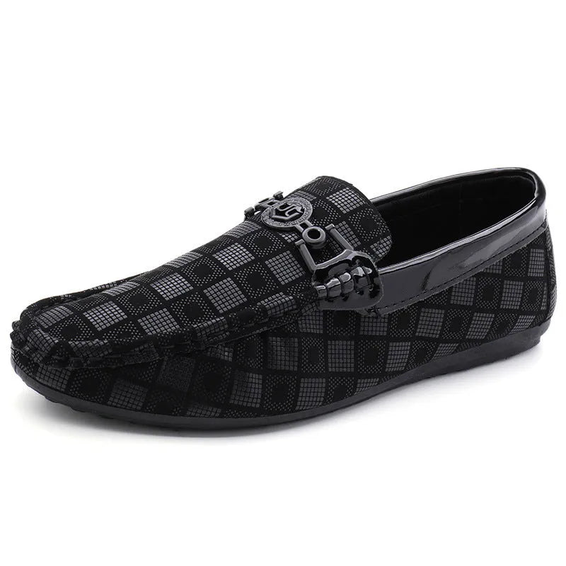 Men's plaid slip-on shoes with artificial PU uppers, flat heel, and cotton lining in black colour