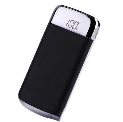 Square aluminium alloy power bank with digital display and multiple USB ports, shown in colour options.