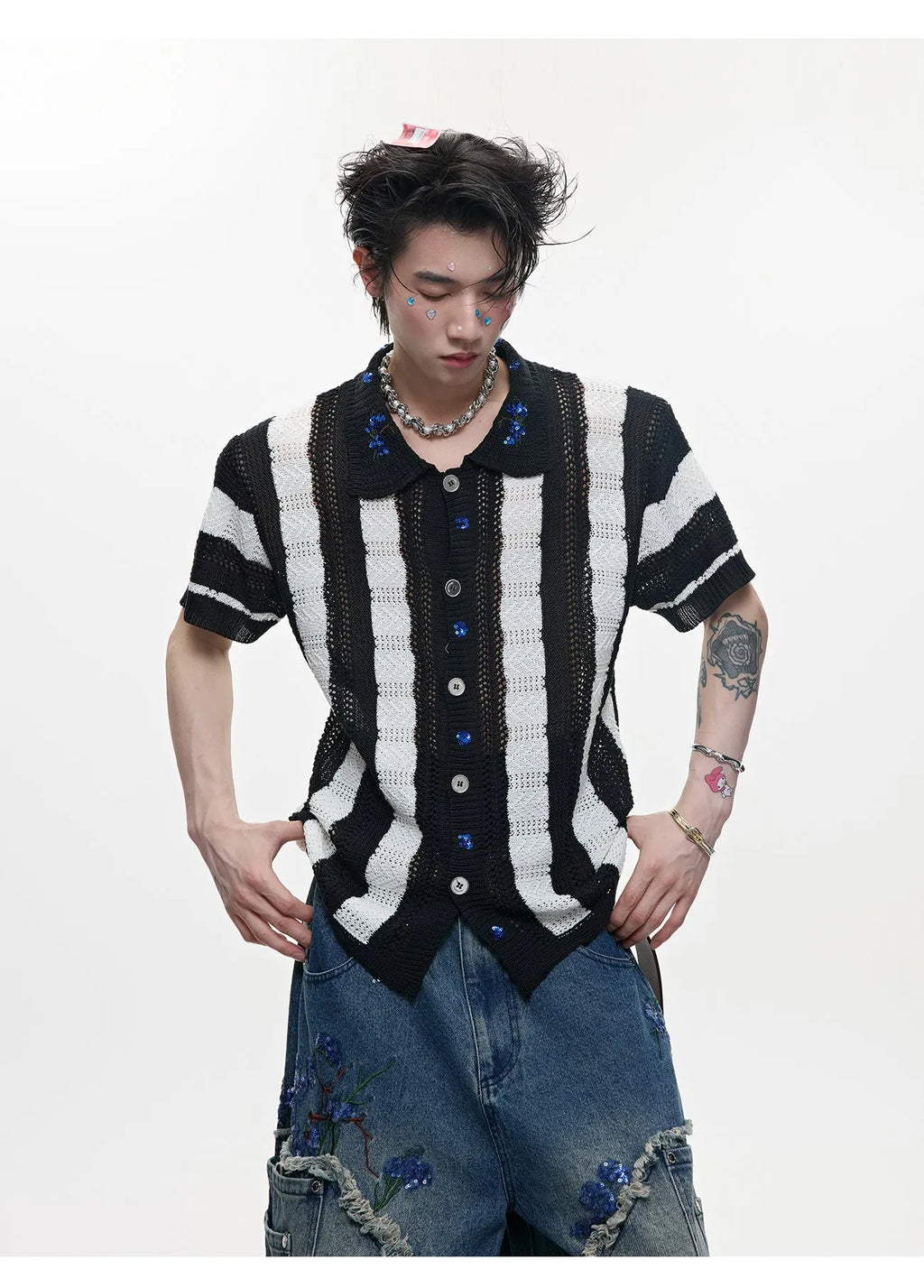 Men's black and red patchwork striped knitted short sleeved shirt with button front and loose fit