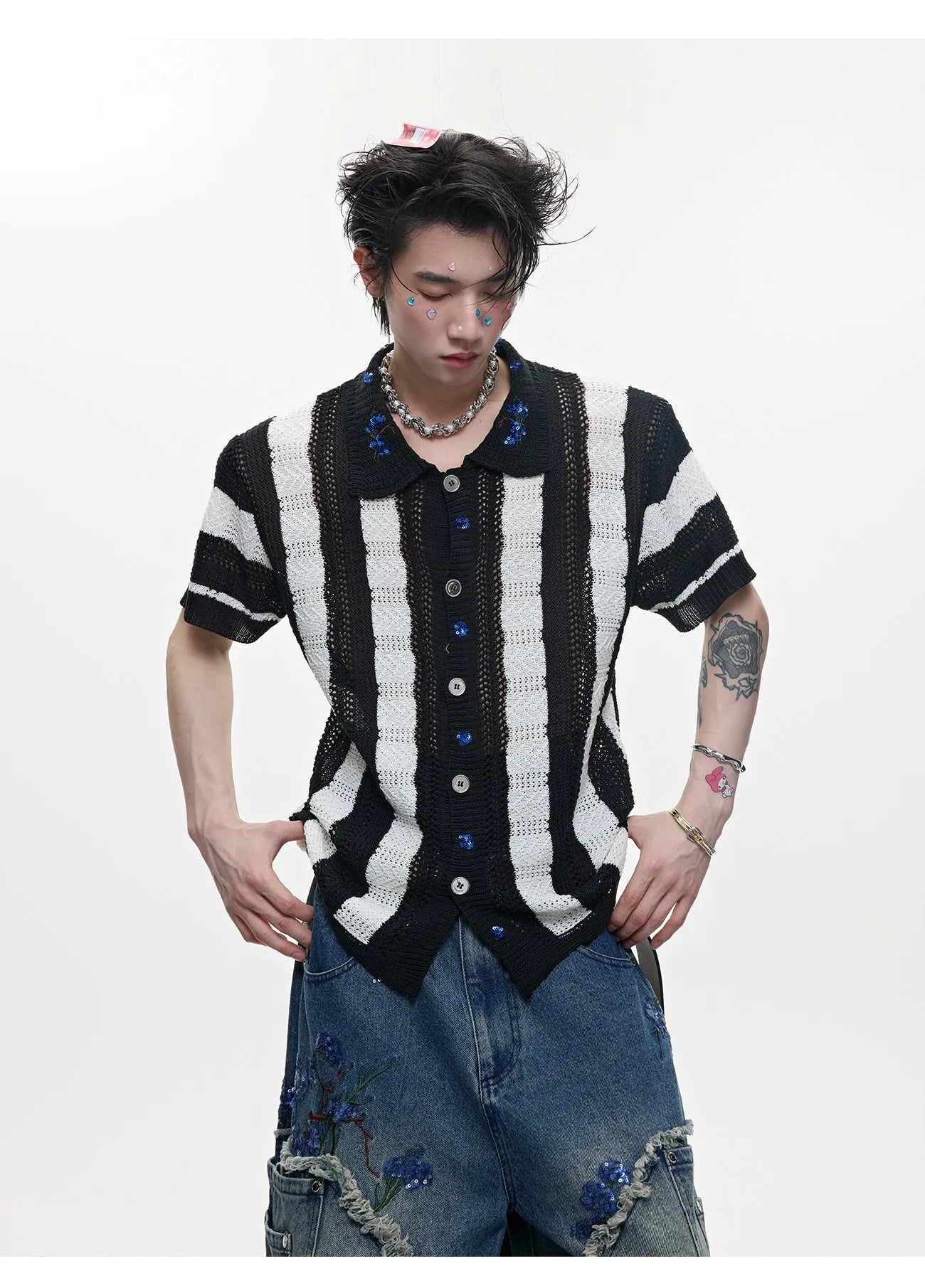 Men's black and red patchwork striped knitted short sleeved shirt with button front and loose fit