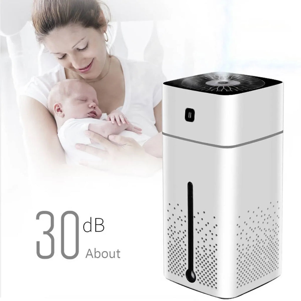 Black and white compact desktop humidifier with USB cable and 1000ml water tank.