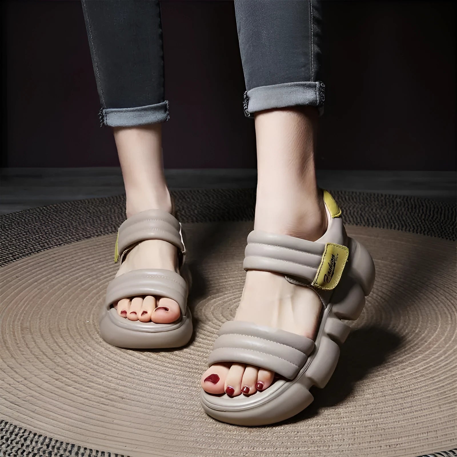Open toe round head platform wedge sandals with velcro strap, microfiber upper, non-slip rubber sole, available in beige