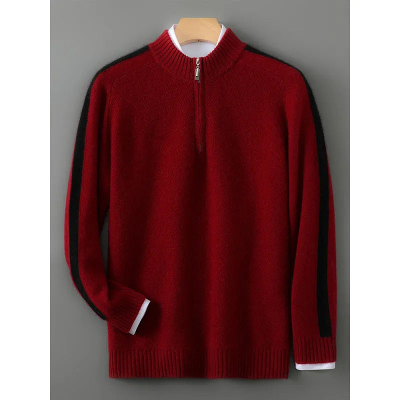 A plus-size slim-fit sheep wool sweater with a half zip and round neck, shown in Raw Velvet Camel colour.