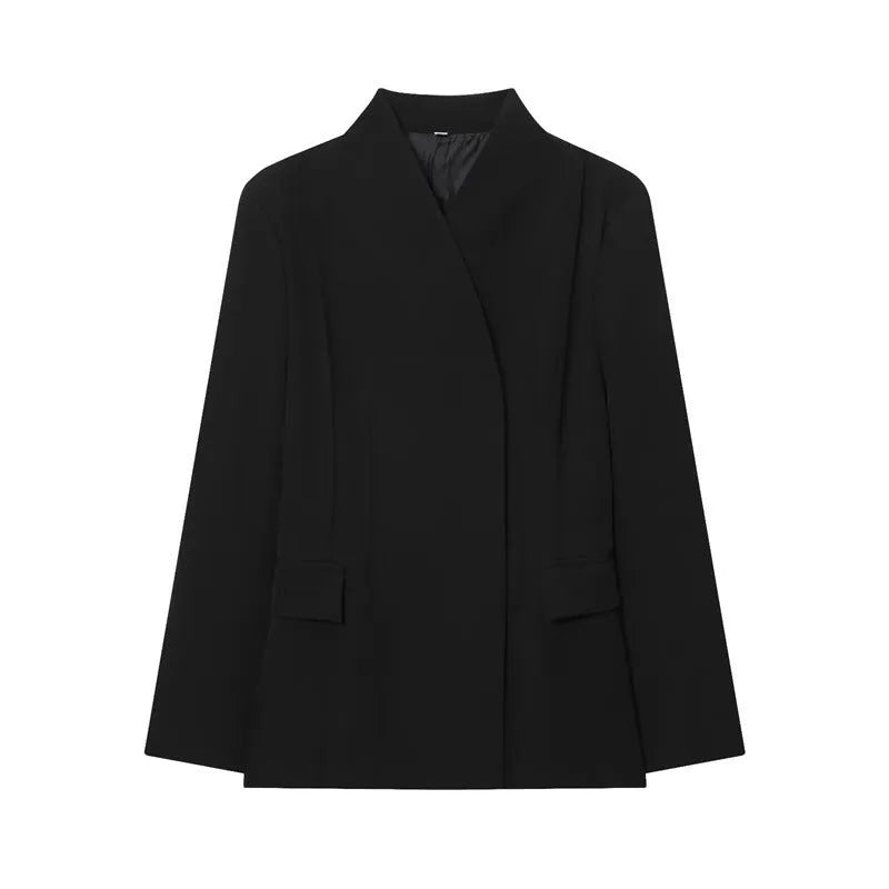 Women's black slim-fit long-sleeved suit jacket, polyester blend, solid colour, sizes XS to L