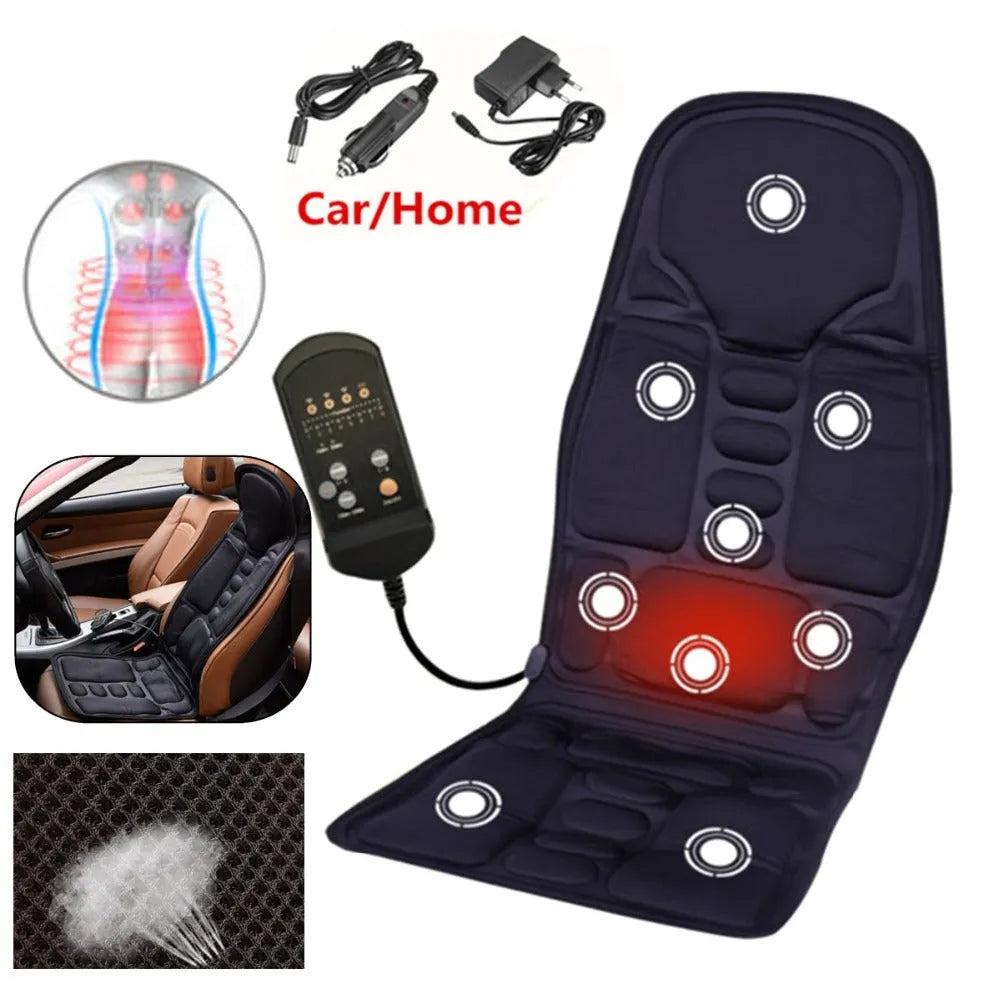 Car massage cushion with handheld remote, luxury fabric, rectangular trapezoid shape, 5 motors for neck, back, waist, and leg relief