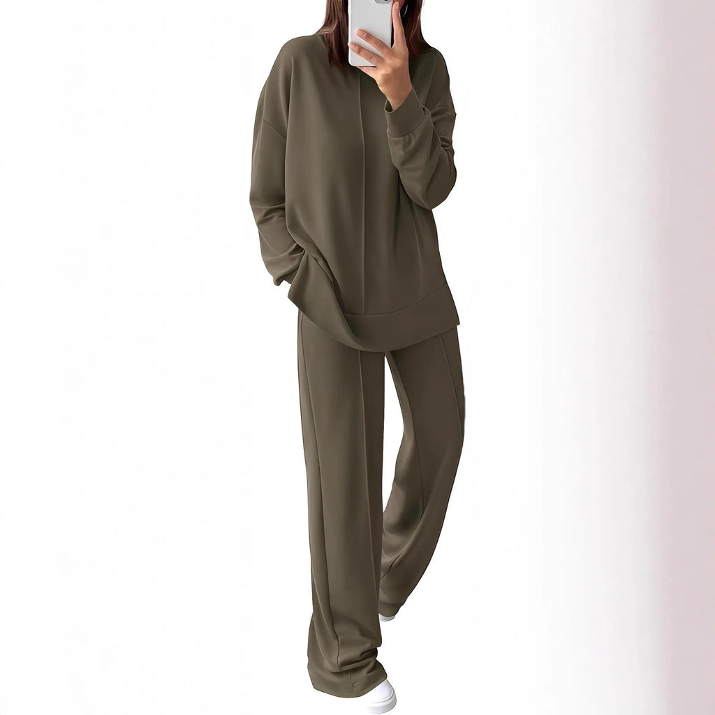 Women's long sleeve polyester jogging suit set in army green, shown as a top and trousers.