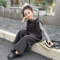 Girls cotton three-piece sports set in gray with long sleeve top, vest, and trousers for autumn