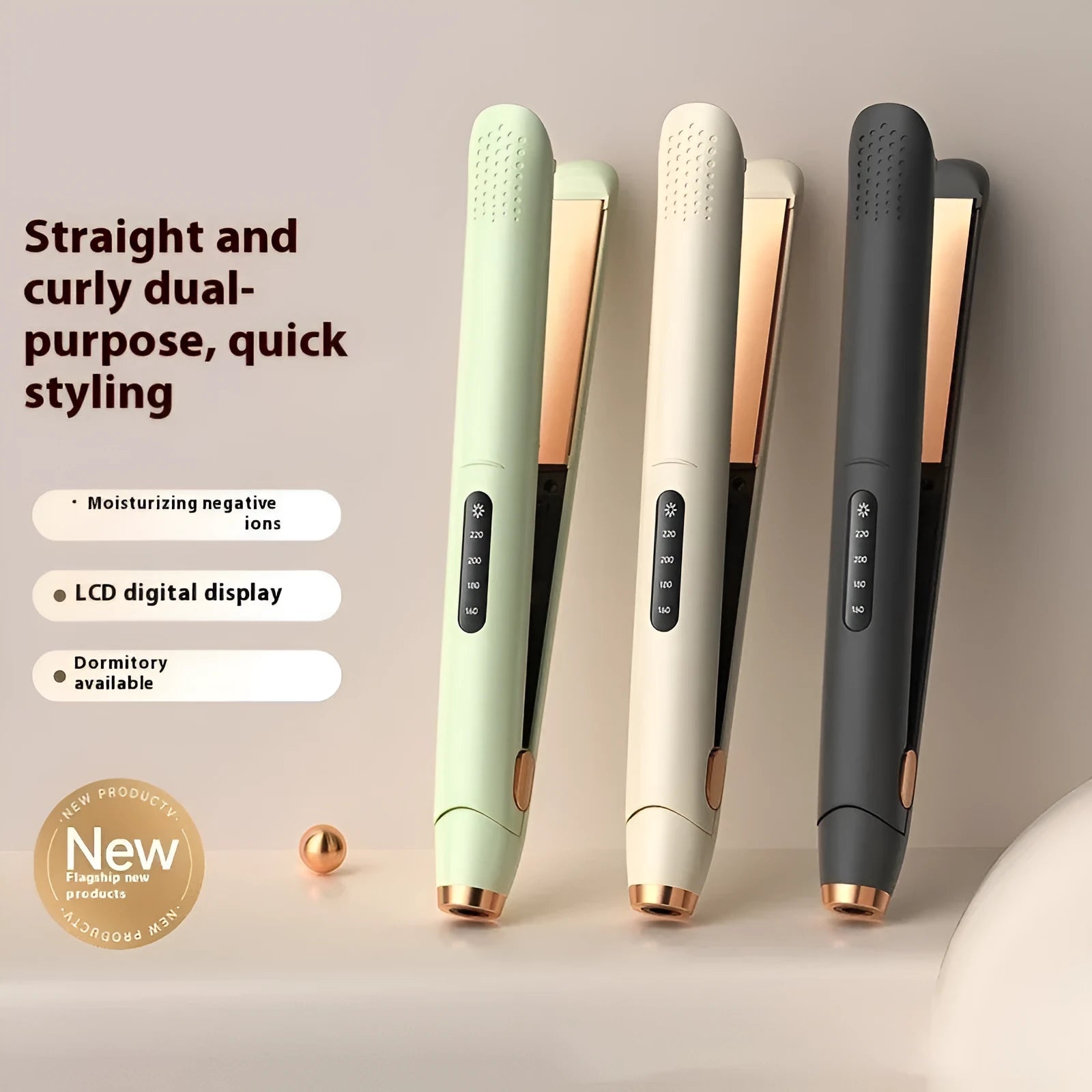 LCD screen hair straightener with temperature control in almond white, black, or green colours