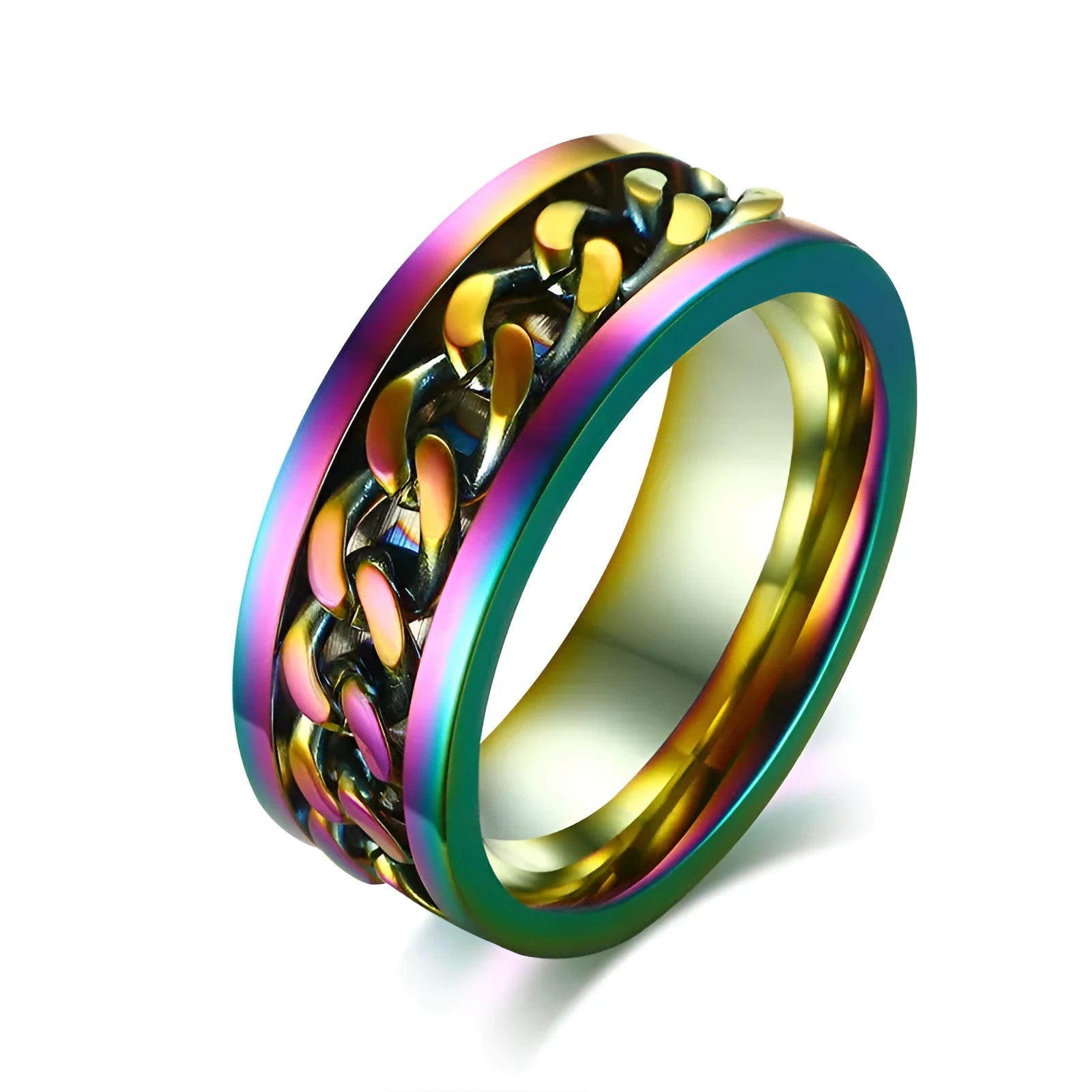 Silver stainless steel rotating ring for men with geometric shape on white background