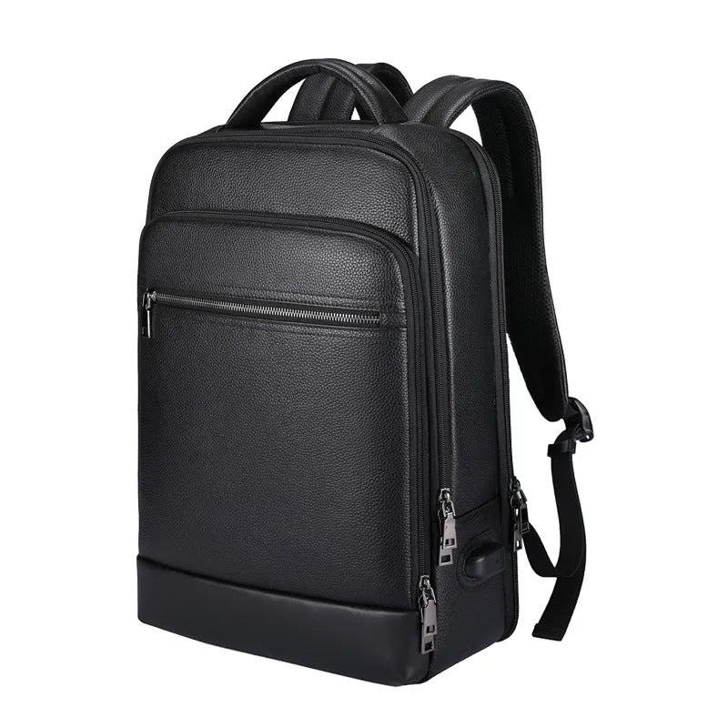 Black genuine leather men's business computer backpack with curved shoulder strap