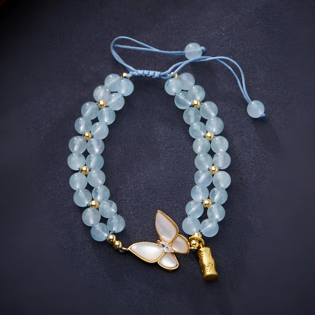 Handmade women's woven bracelet with butterfly design in aquamarine, amethyst or moonstone gemstones