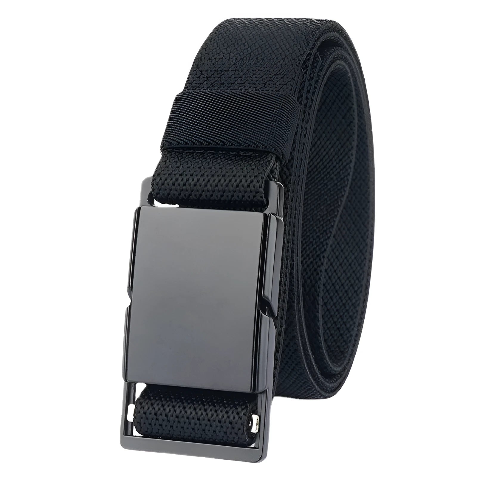 Men's casual belt with a silver magnetic buckle on a dark khaki polyester strap.