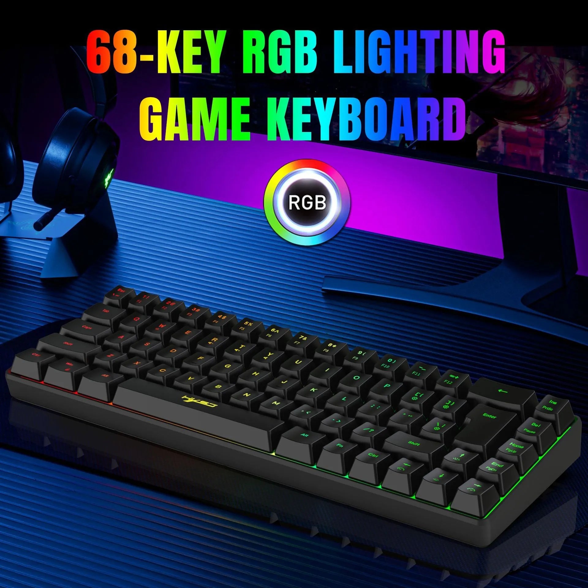 Black V200 membrane gaming keyboard with 68 keys, mechanical feel, wired USB cable