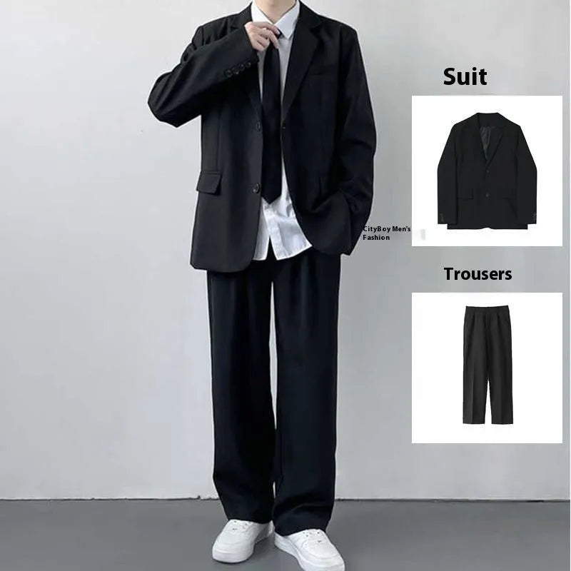 Plus size men's college style suit jacket and trousers ensemble with white shirt and tie