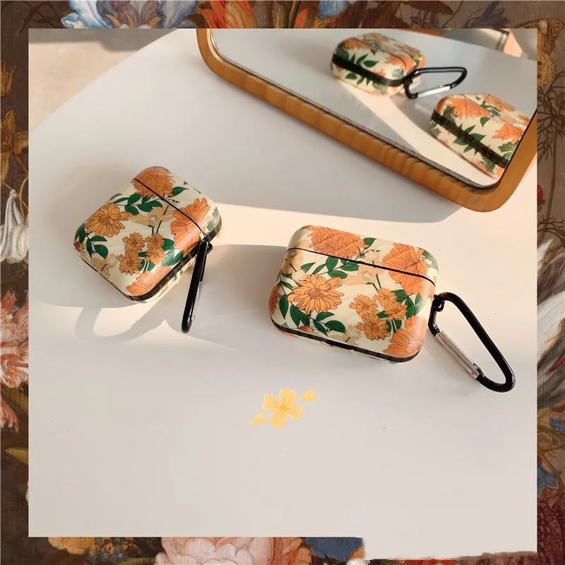 Yellow daisies design on a case for true wireless earbuds compatible with AirPods, light yellow plastic