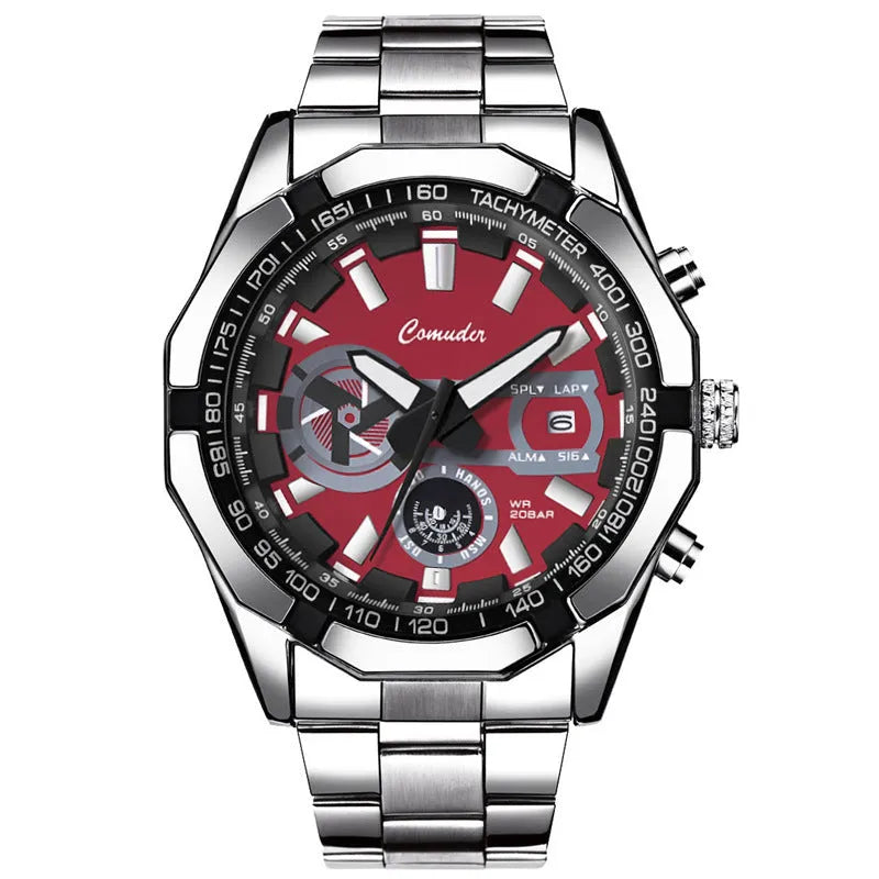 Mens waterproof luminous large dial sports watch with silver steel case and blue surface, 10mm thickness