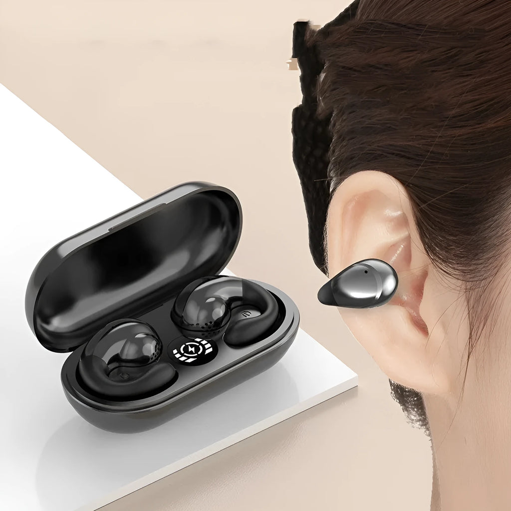 Wireless Bluetooth sports headphones with ear clip design showing digital display and available in multiple colours