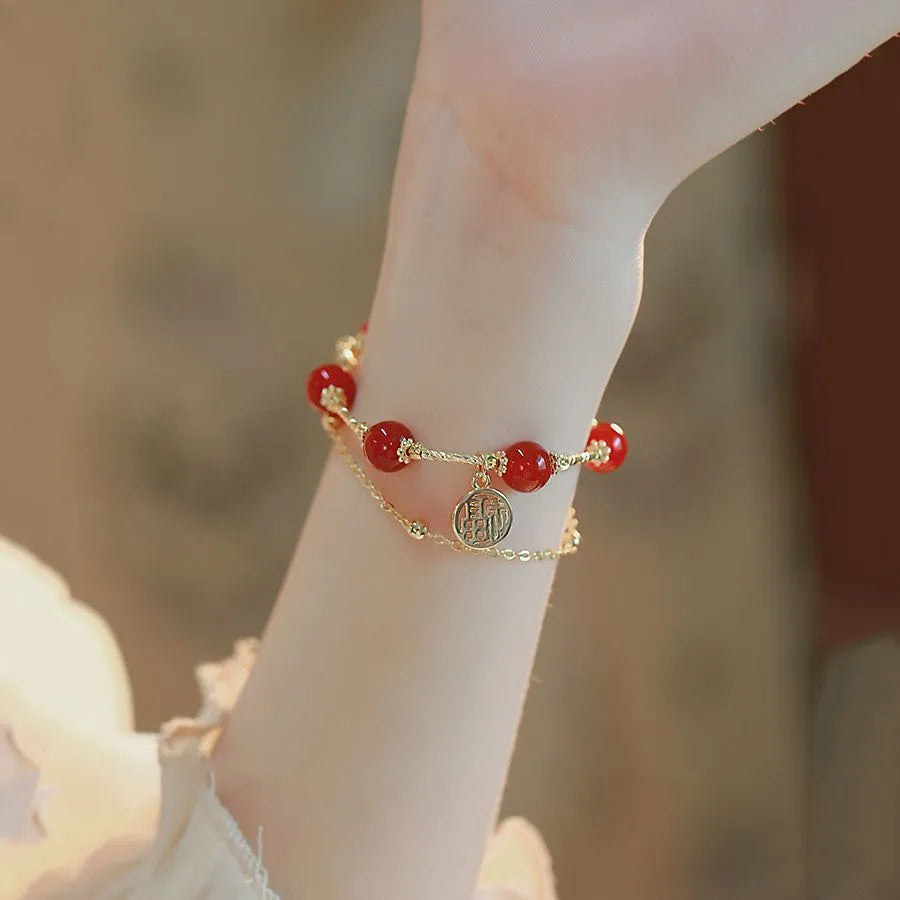 Red Agate bracelet with Red Horse blessing card motif on electroplated alloy double-layer design
